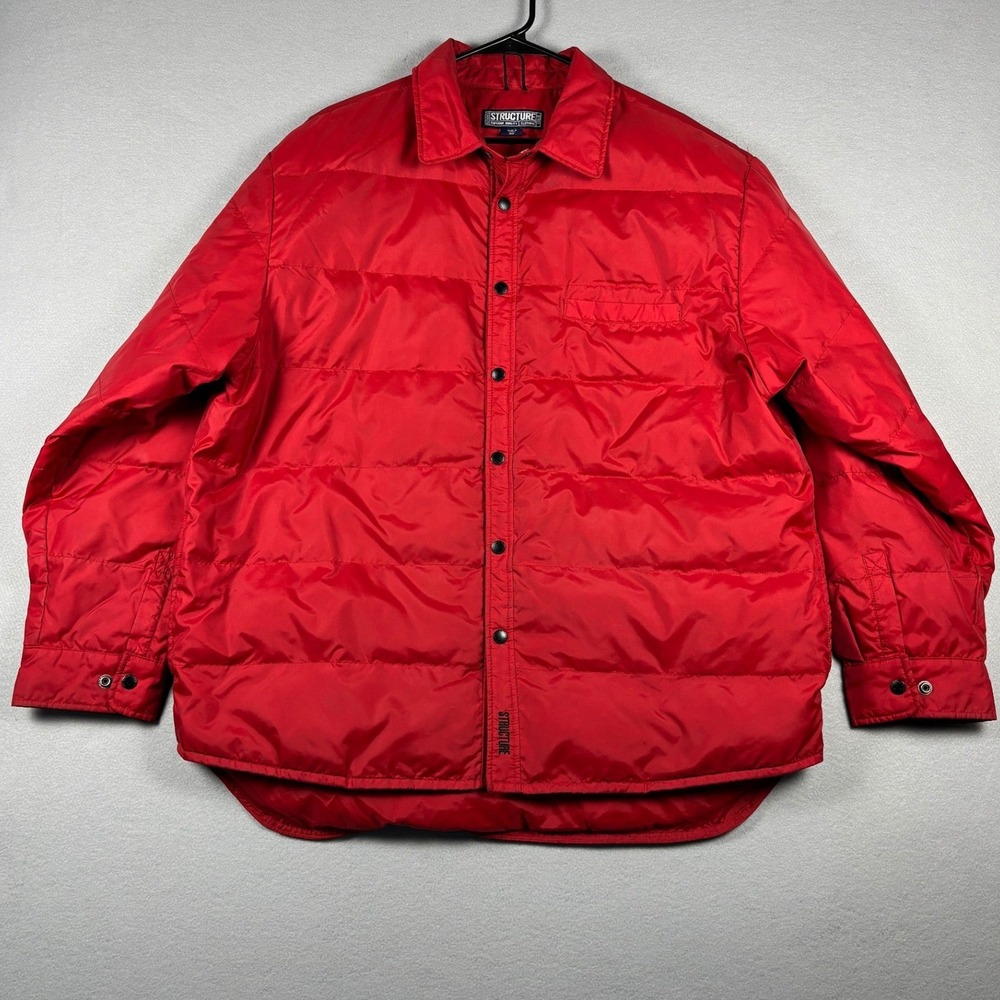 Structure Puffer Shirt Jacket Down Filled Quilted Snap Front XL Red